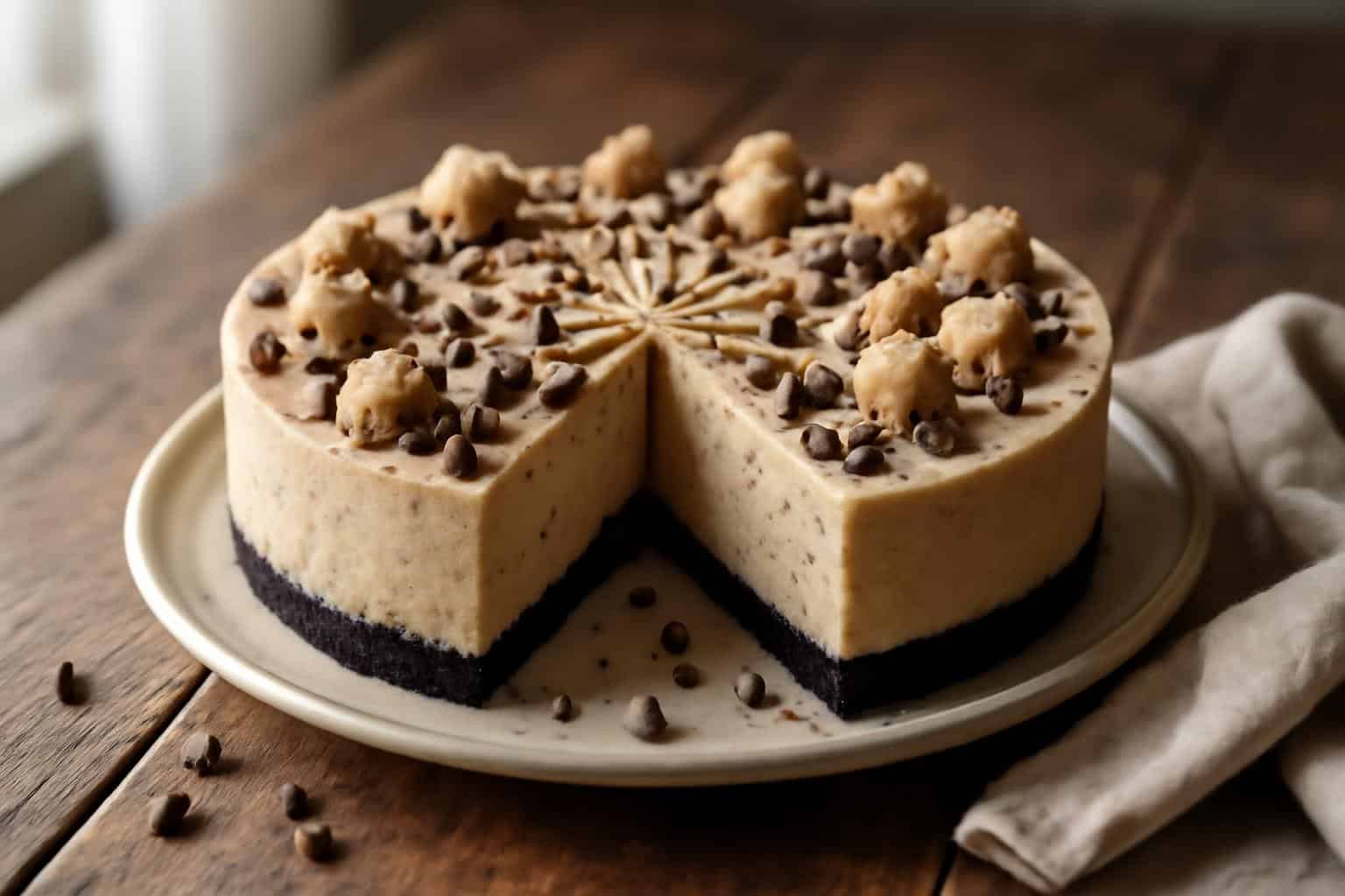 Slice of cookie dough cake with creamy frosting and cookie dough chunks on a rustic plate