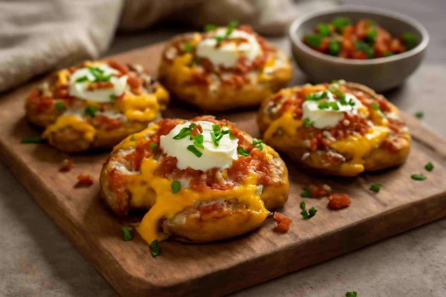 Loaded smashed potatoes with crispy edges, melted cheese, bacon bits, and chives on a rustic board