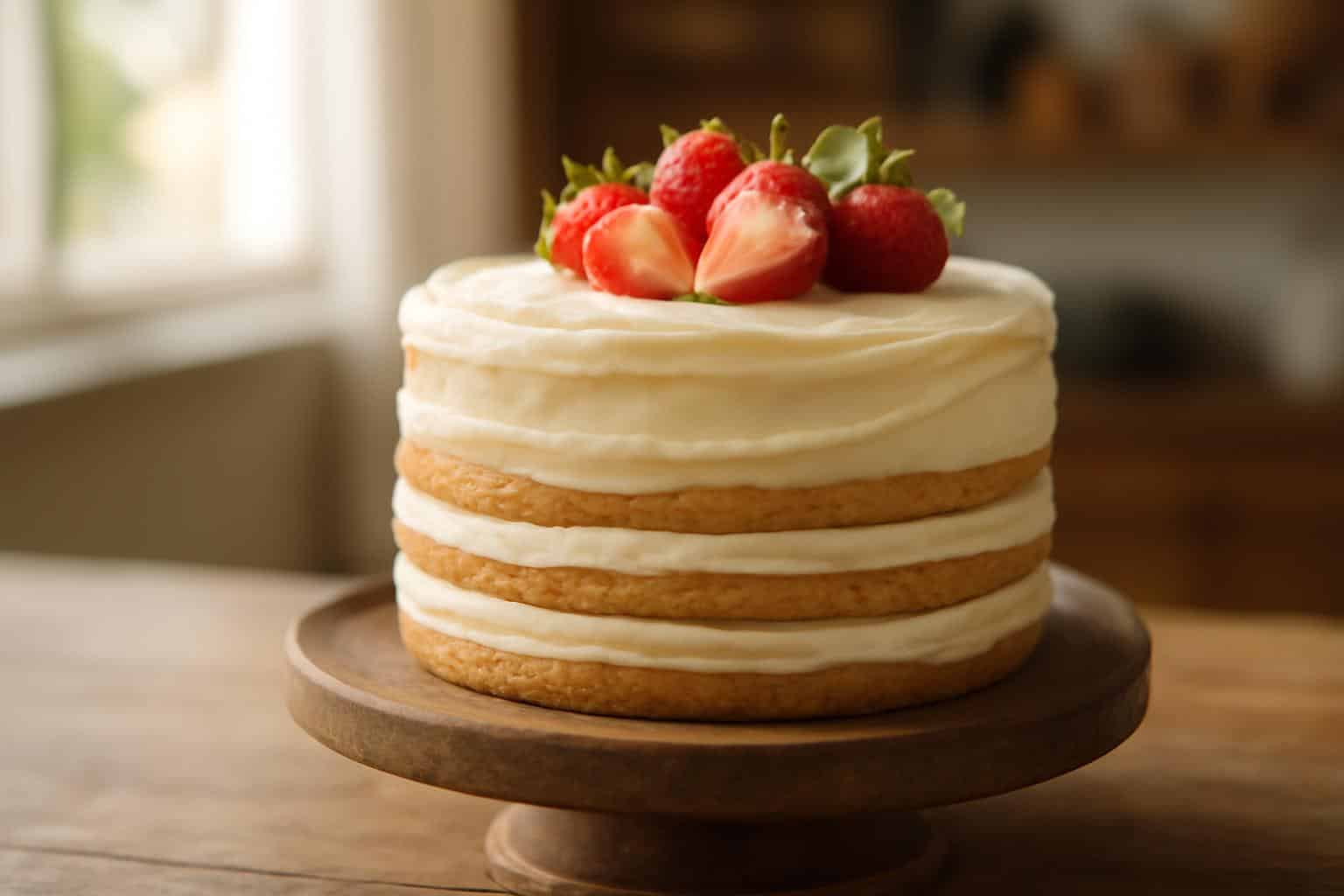 No-mold easy layer cake with creamy frosting and strawberry garnish on wooden stand