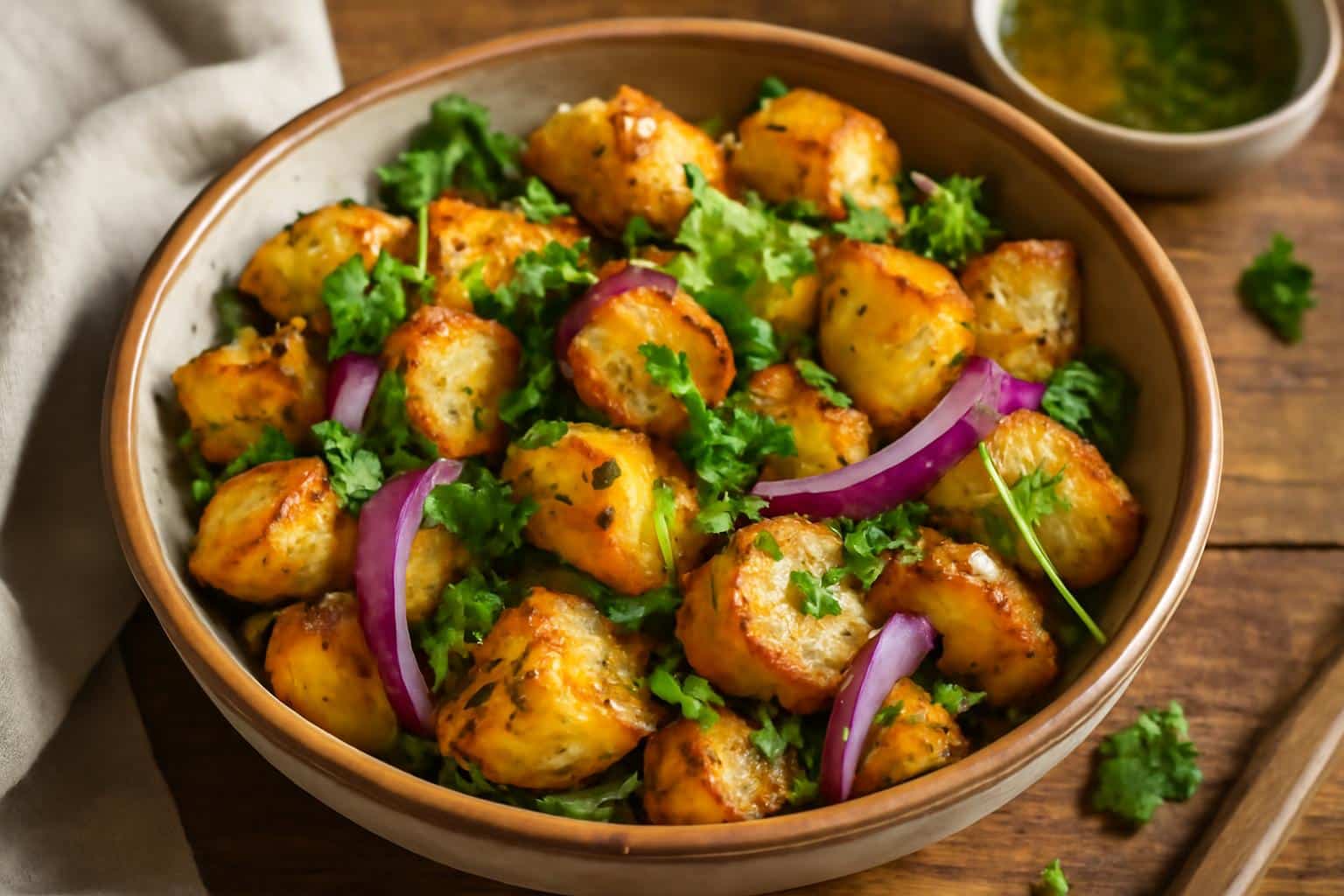 Best roasted potato salad with crispy golden potatoes, fresh herbs, and tangy dressing in a rustic bowl