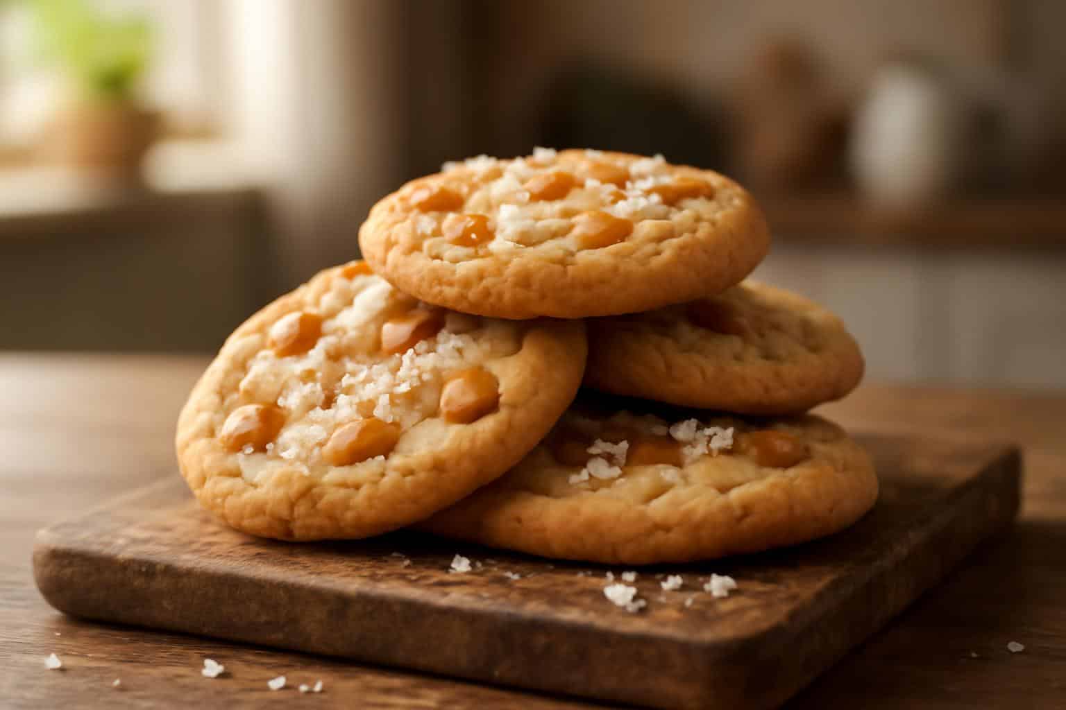 Freshly baked salted caramel cookie with crispy edges and caramel chunks on rustic wooden board