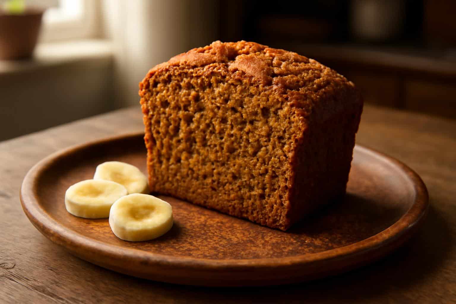 Moist slice of spiced banana pumpkin bread with cinnamon garnish and banana slices