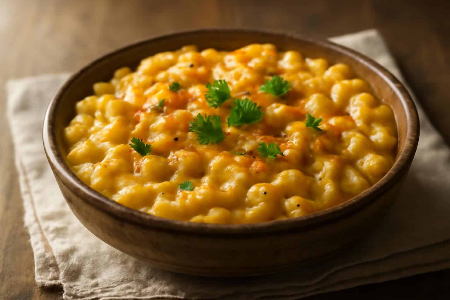 Baked macaroni and cheese with golden crust and fresh parsley garnish, macaroni and cheese