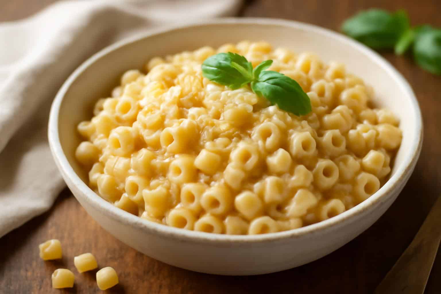 Creamy viral ditalini pasta in a white bowl garnished with basil and Parmesan cheese