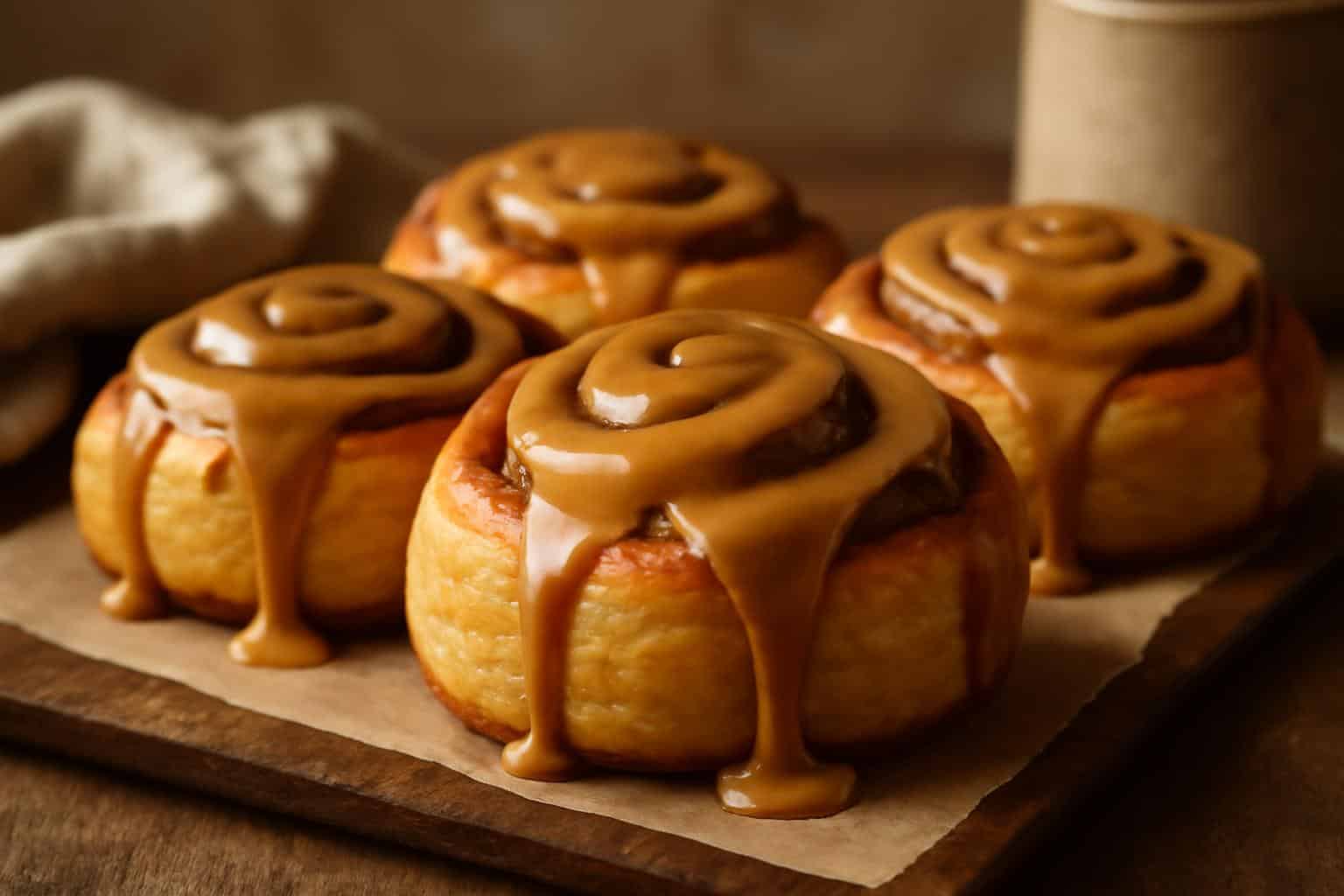 Freshly baked biscoff cinnamon rolls with glossy biscoff icing on rustic wooden table, biscoff cinnamon rolls