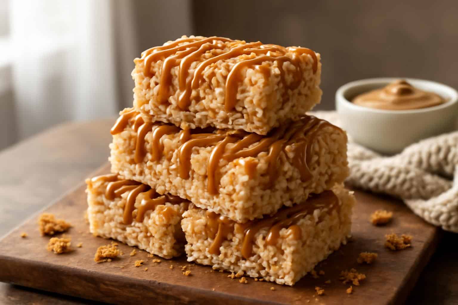 Stack of biscoff rice krispie treats with biscoff drizzle and cookie crumbs on wooden board