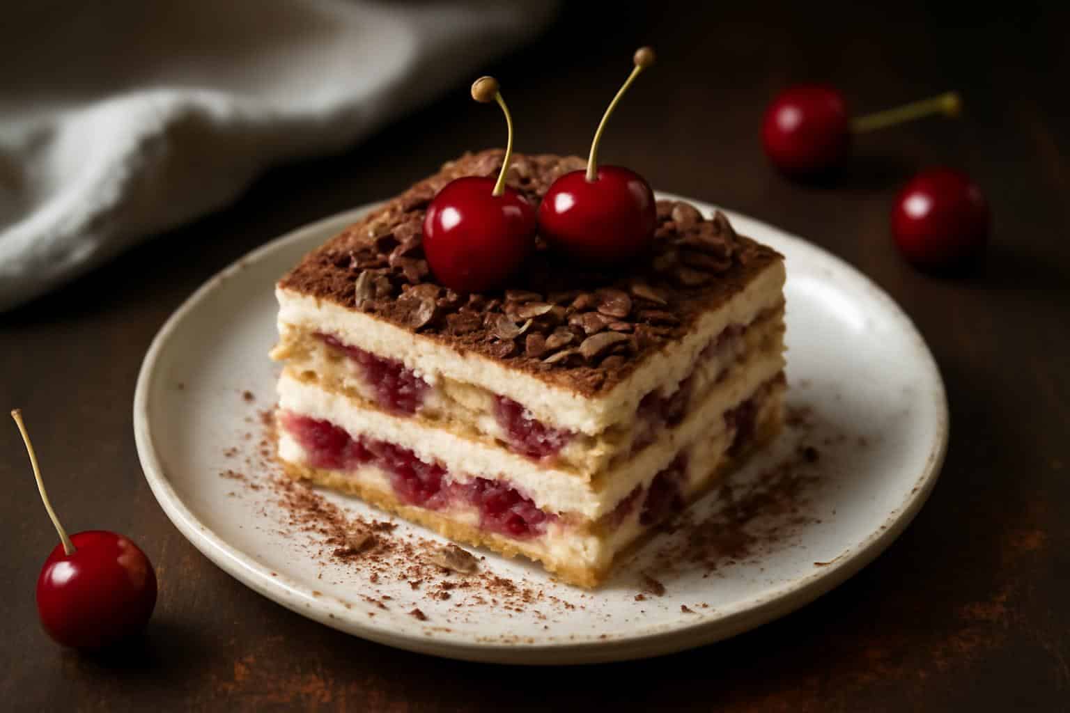 Slice of black forest tiramisu with chocolate shavings and cherries, showcasing black forest tiramisu dessert