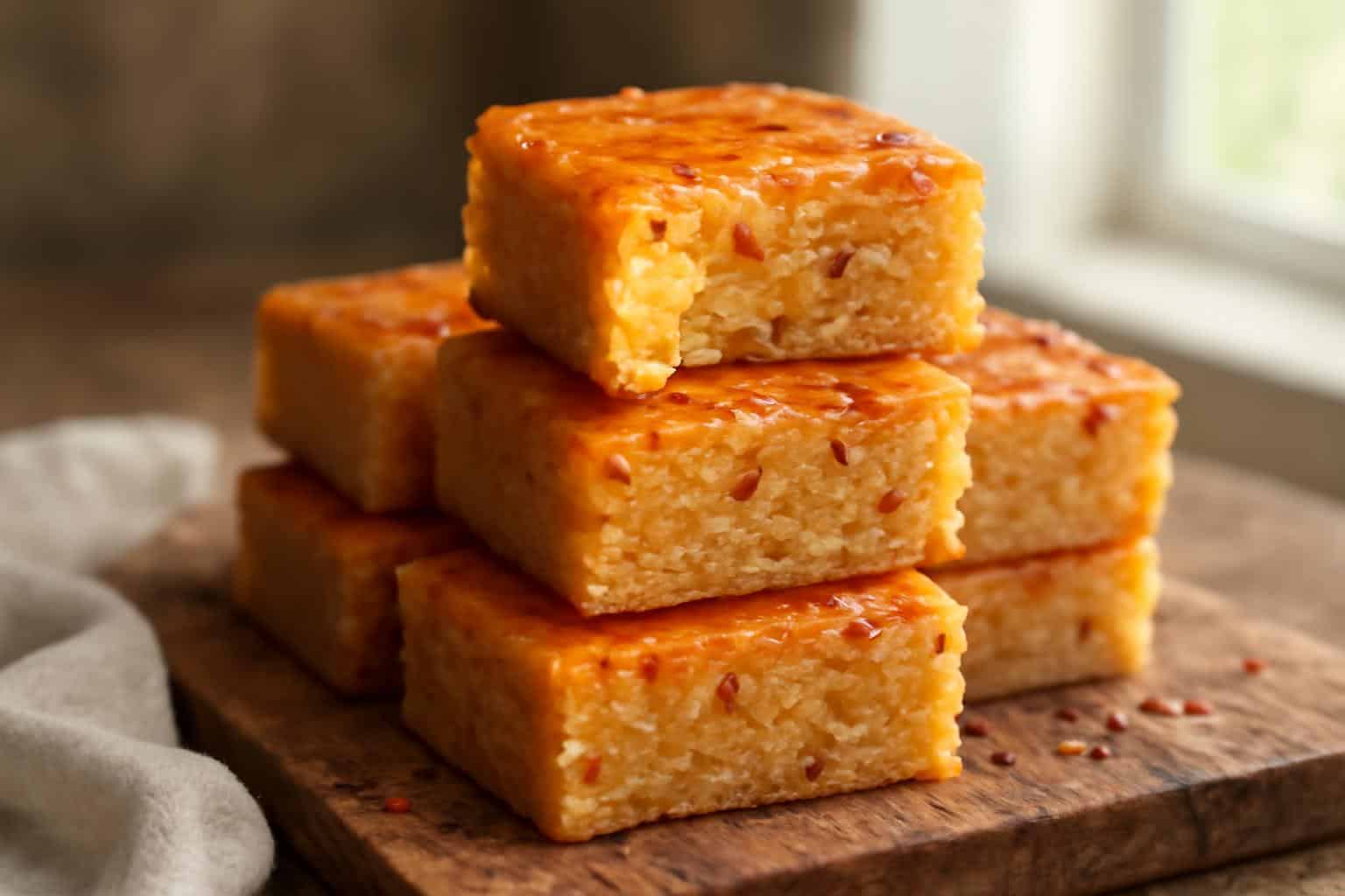 Close-up of sweet and spicy blondies with crackled tops and chili flakes, the perfect blondies recipe dessert