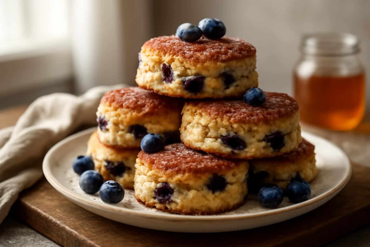 Blueberry cinnamon biscuits with crunchy sourdough topping on rustic wooden board
