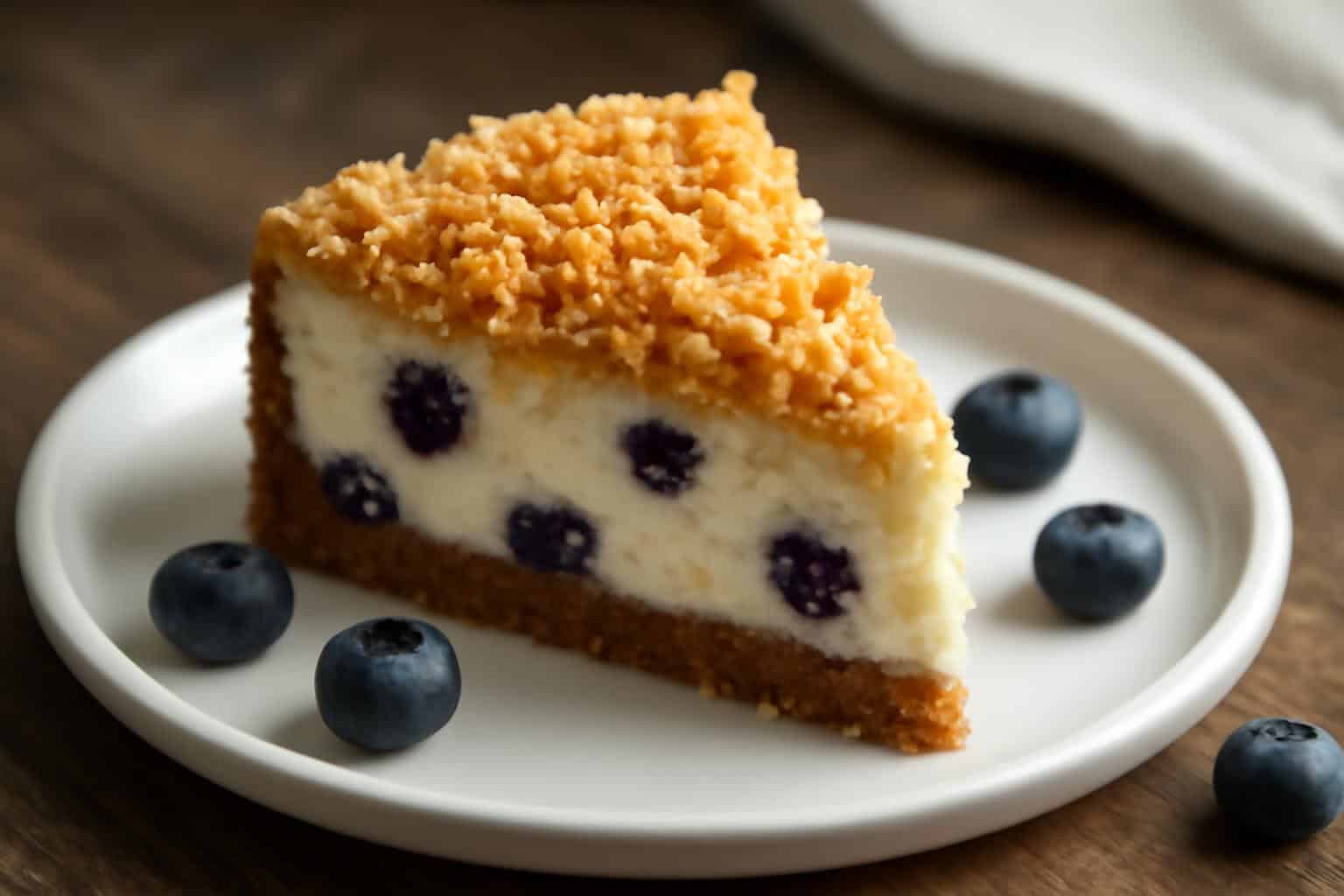 Blueberry crumble cheesecake slice showing creamy texture and golden crumble topping