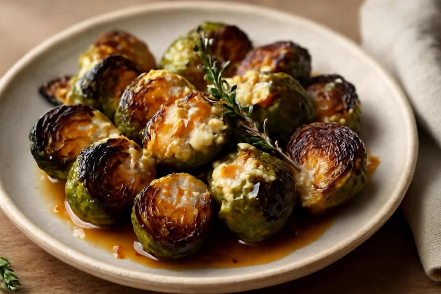 Savory Boursin Brussels sprouts drizzled with sweet hot honey on a rustic plate