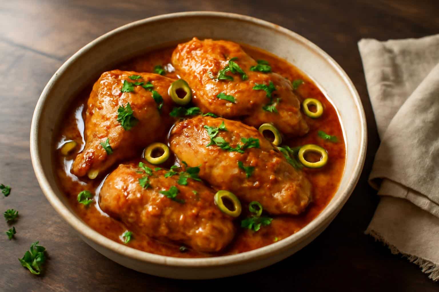Braised Catalina chicken with golden-brown chicken and rich sauce garnished with parsley and olives