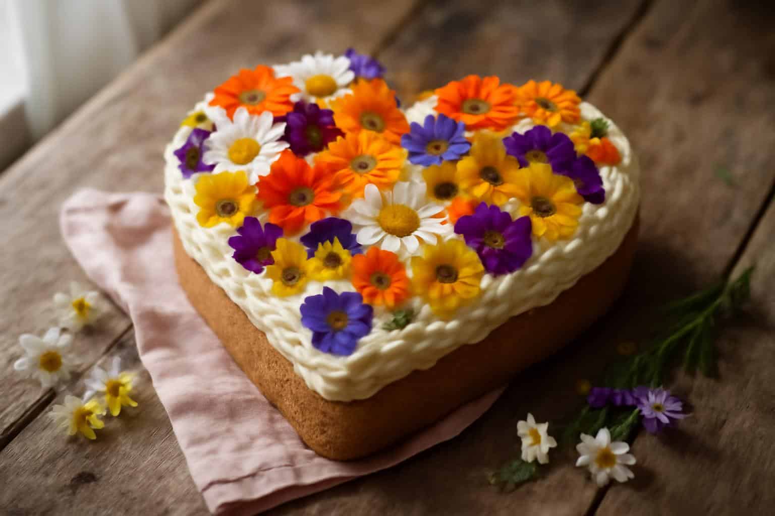 Bright edible flower cake decorated with colorful fresh flowers in a heart shape