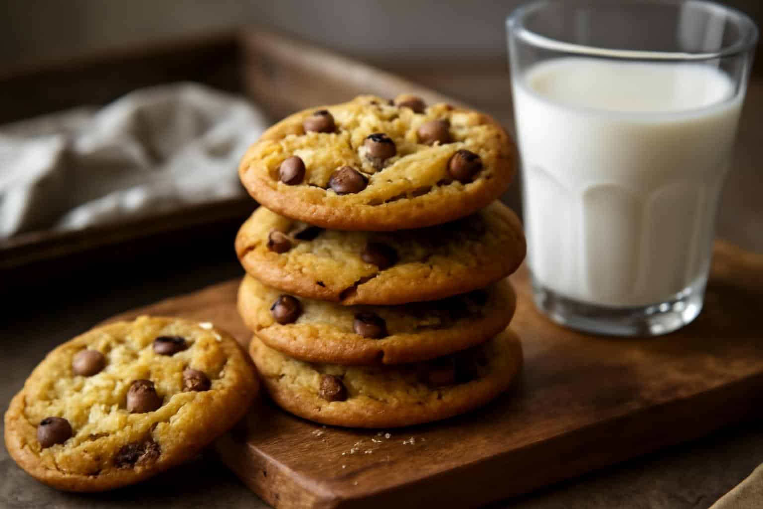 Golden brown butter cookies loaded with chocolate chips on a rustic wooden board with soft natural light
