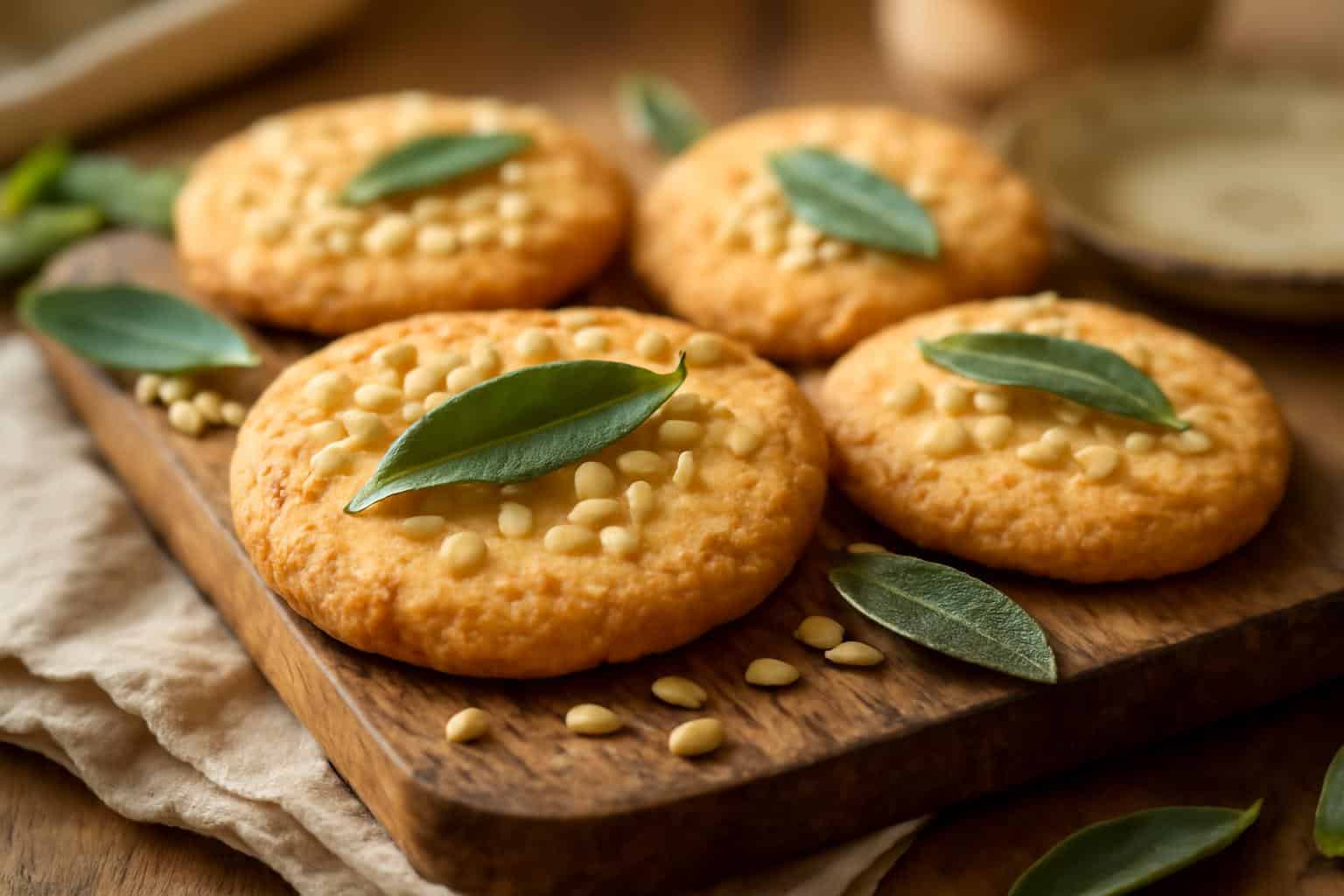 Brown butter sugar cookies with barley and sage garnished with fresh sage leaves