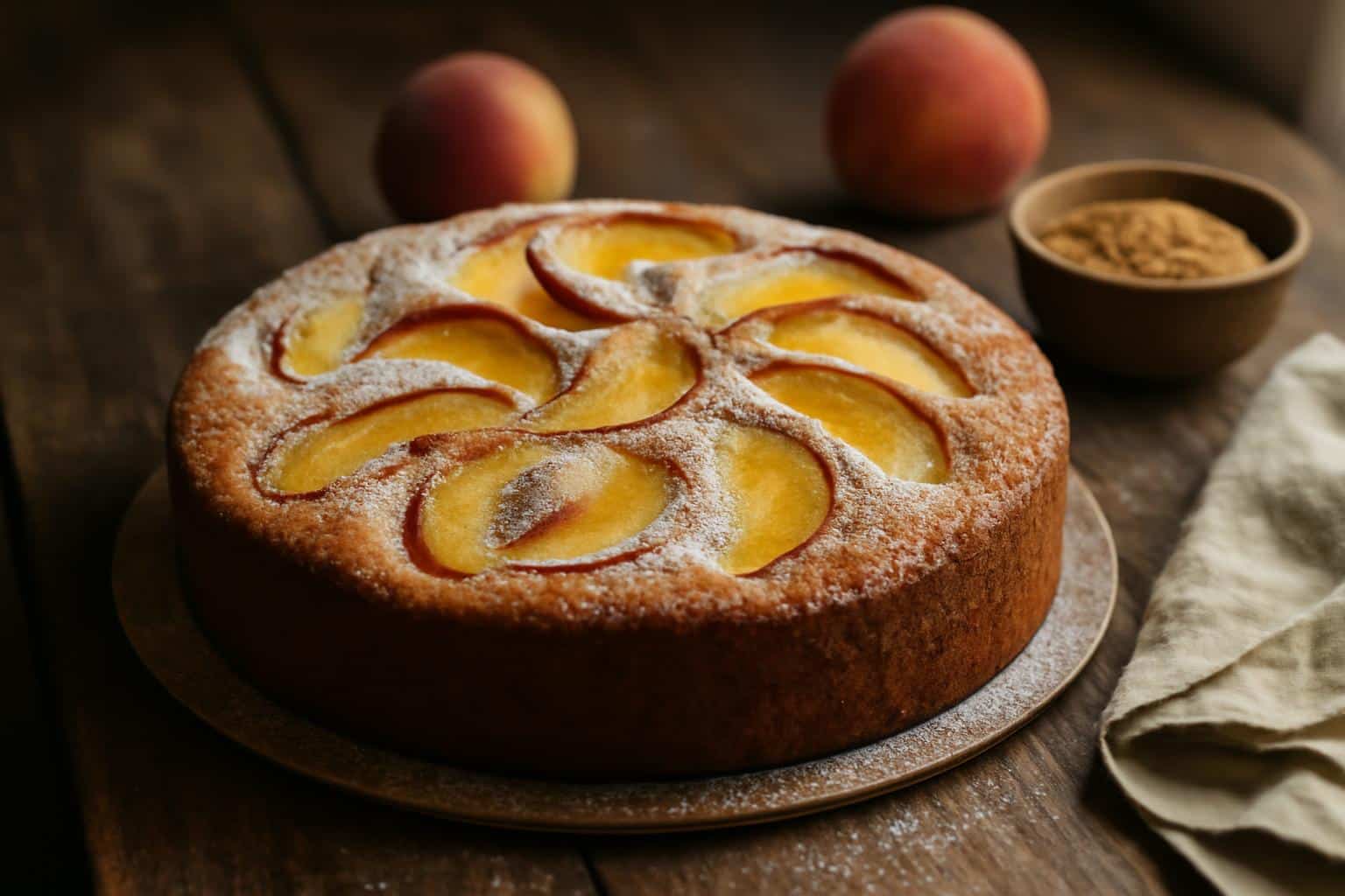 Moist brown sugar peach cake with golden crust and fresh peach slices, perfect brown sugar peach cake dessert