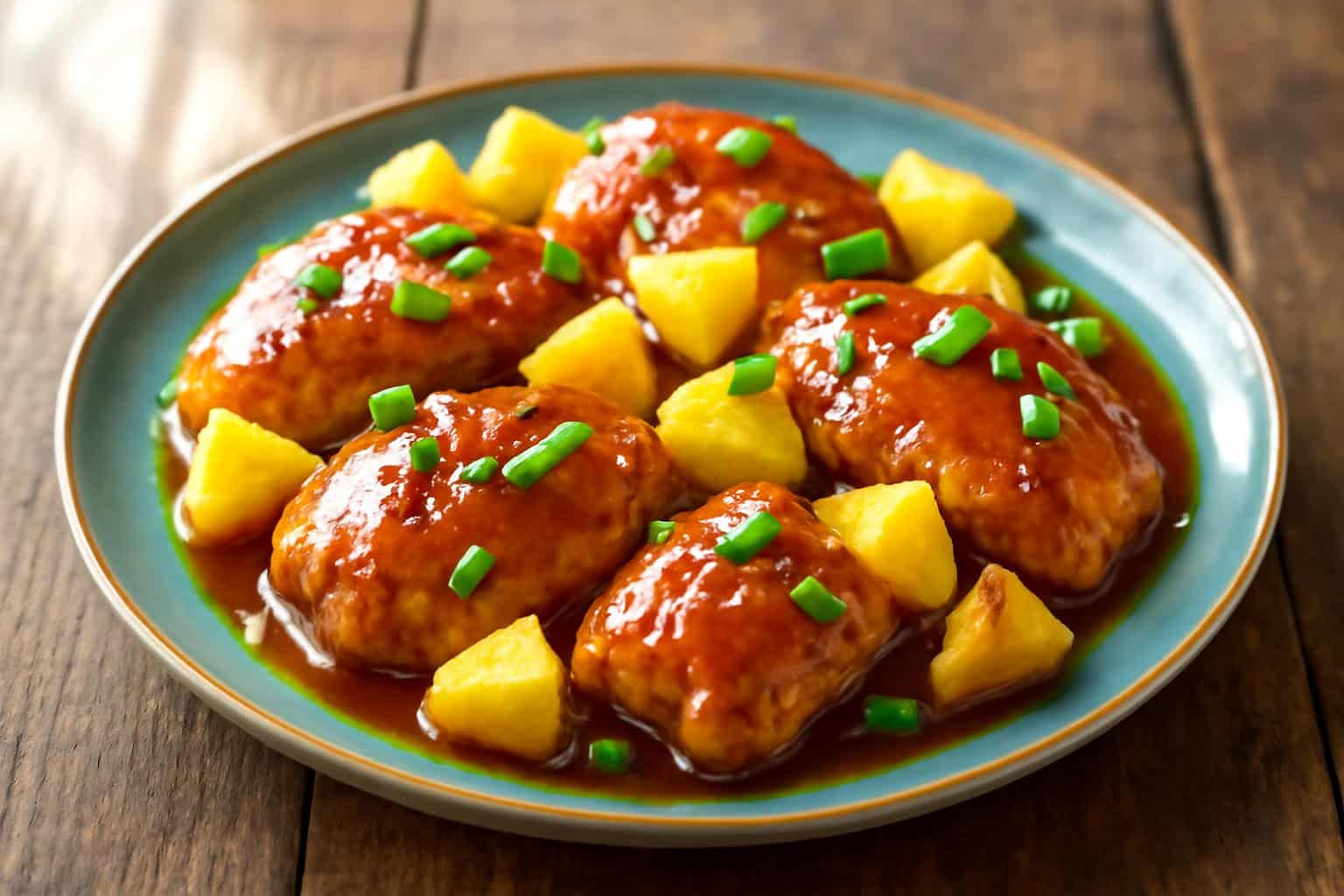 Brown sugar pineapple chicken on a plate garnished with pineapple chunks and green onions