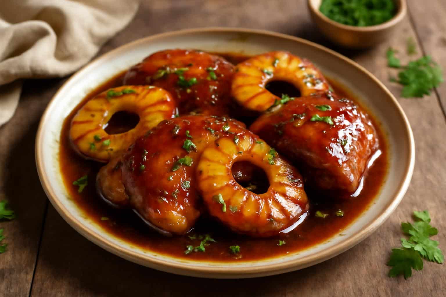 Brown sugar pineapple chicken with caramelized pineapple and glazed sauce on plate