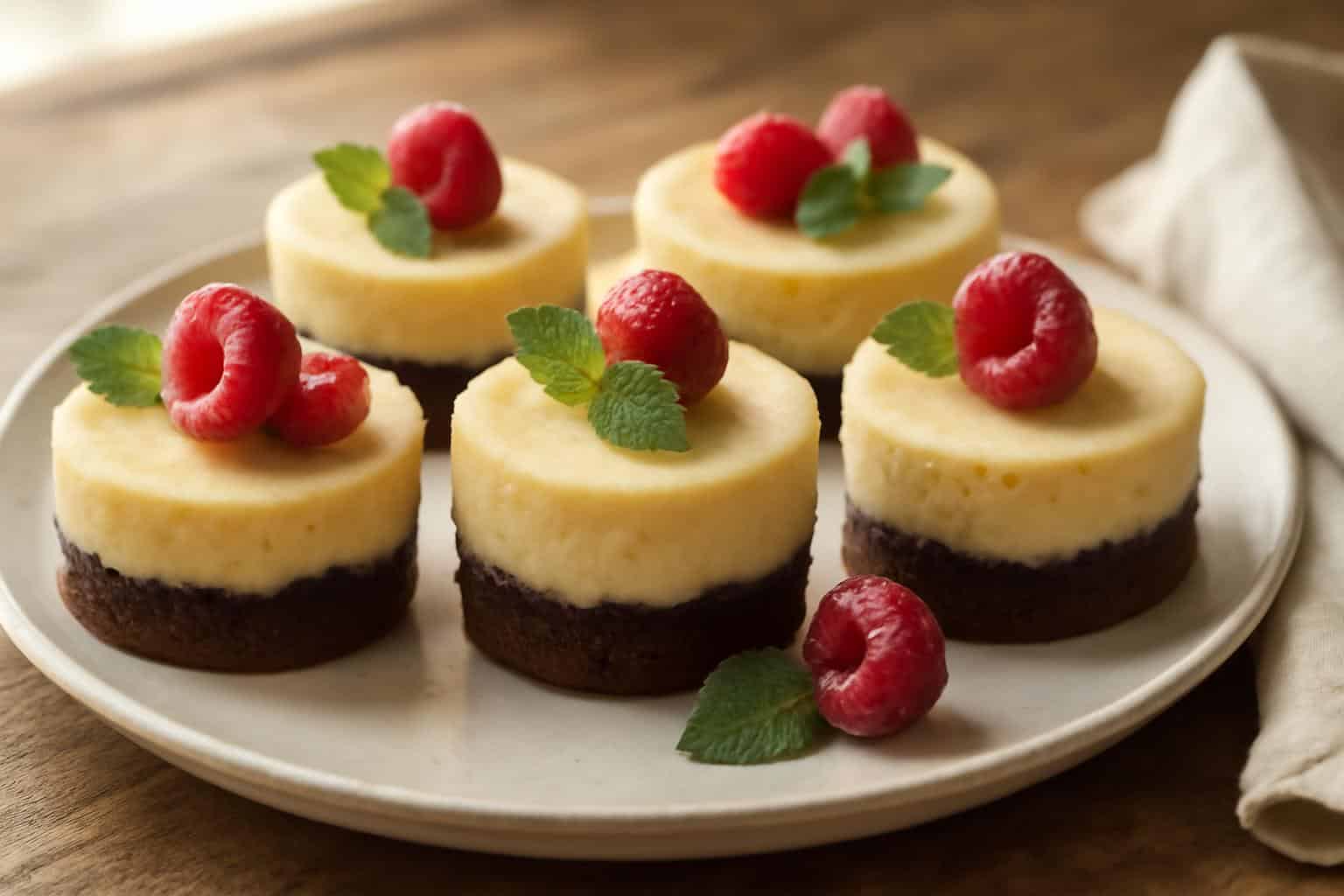 Plate of decadent brownie bottom mini cheesecakes garnished with raspberries and mint leaves