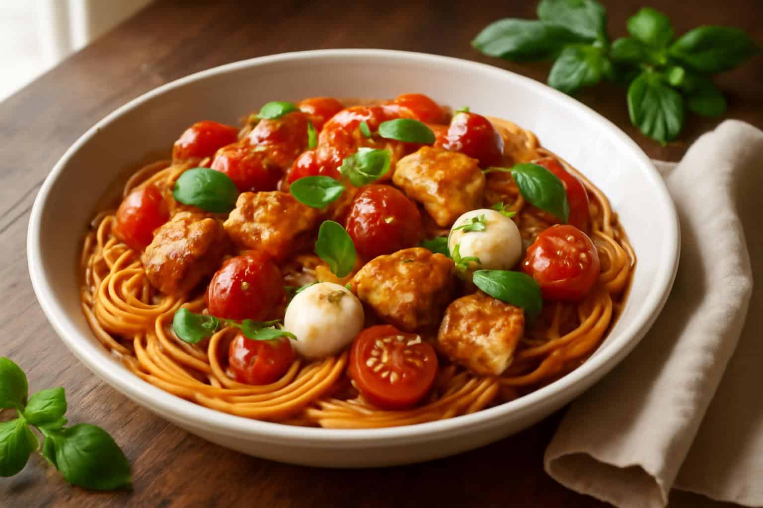 Bruschetta chicken pasta served in a white bowl garnished with fresh basil and cherry tomatoes