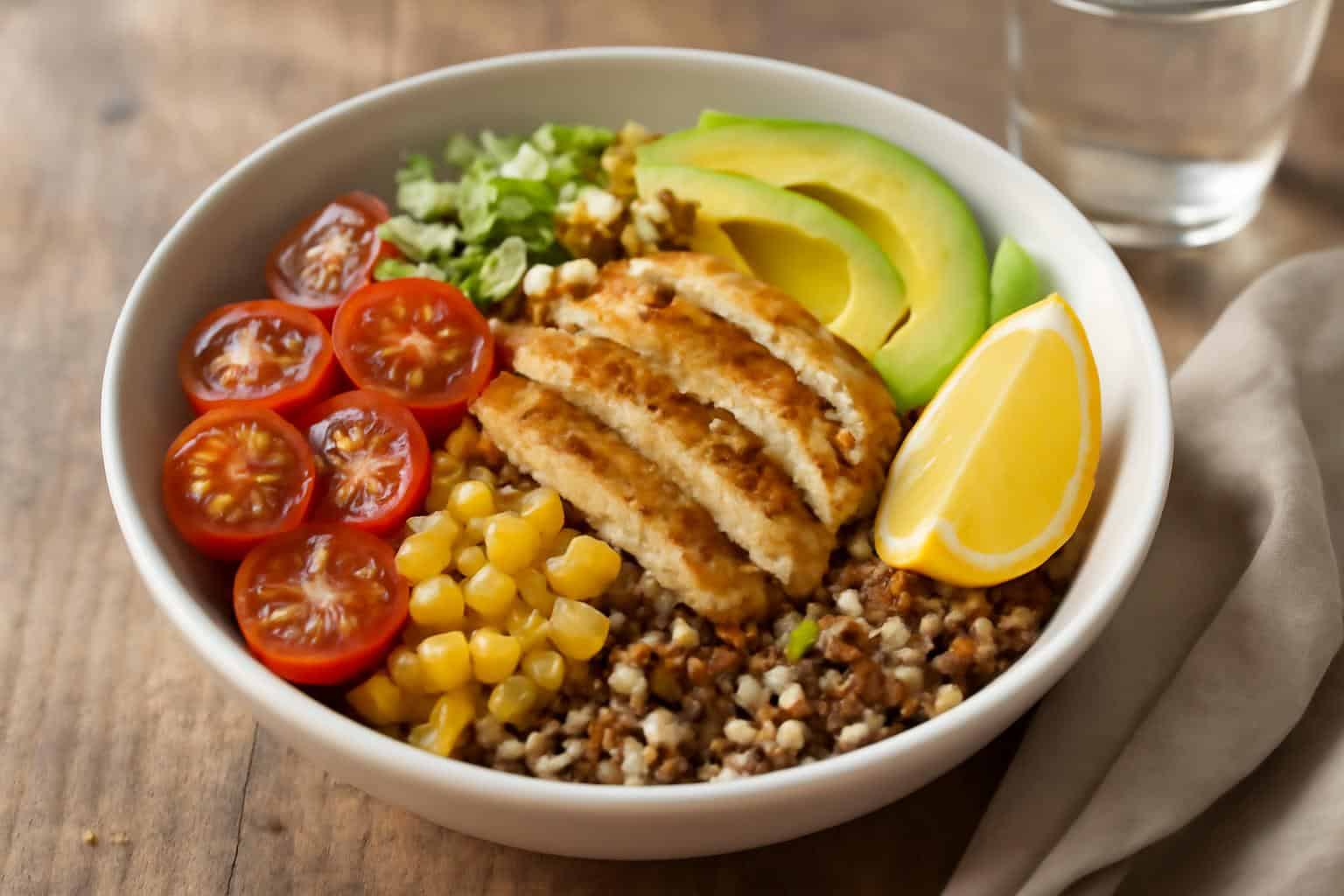 work lunch healthy mixed grain salad with grilled chicken and fresh vegetables in bowl