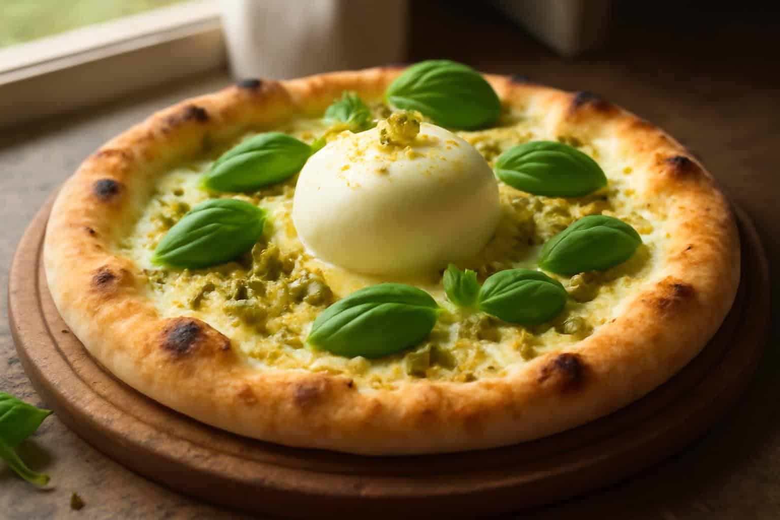 Burrata pistachio pizza with creamy cheese and pistachio garnish on golden crust