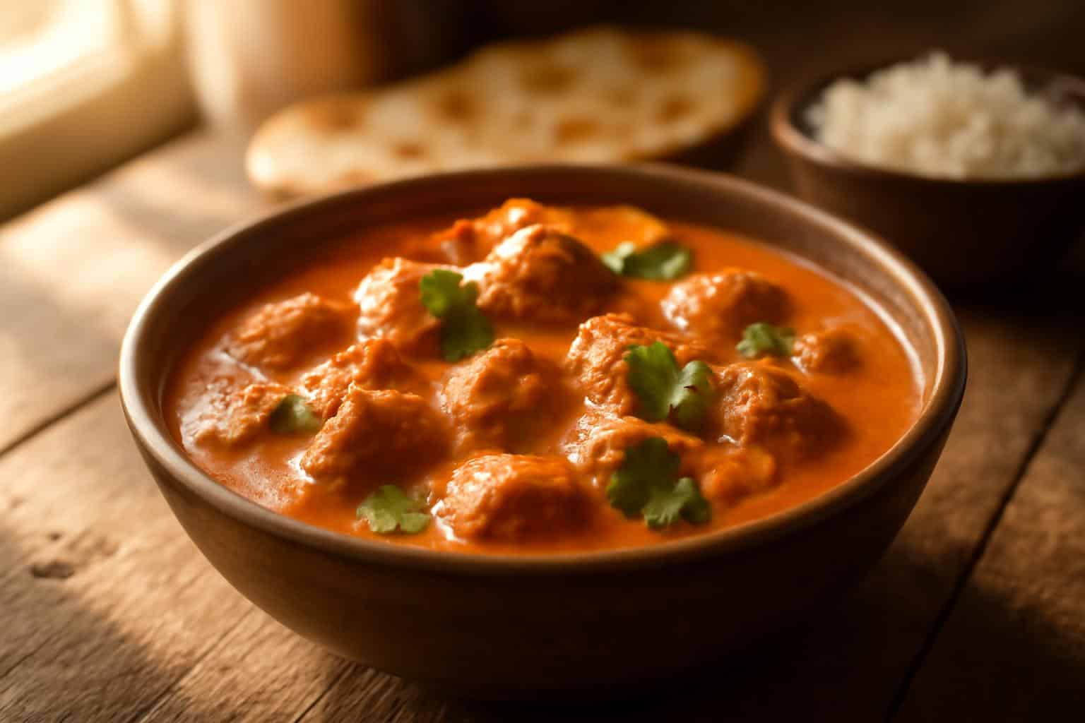 Creamy butter chicken garnished with fresh cilantro on rustic wooden table