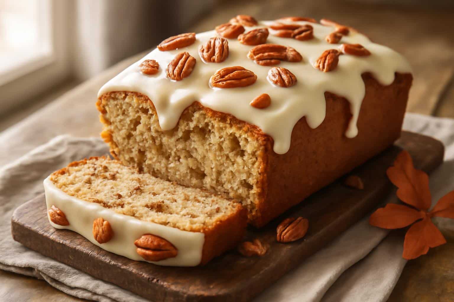 Sliced butter pecan cake loaf topped with creamy icing and toasted pecans on a wooden board