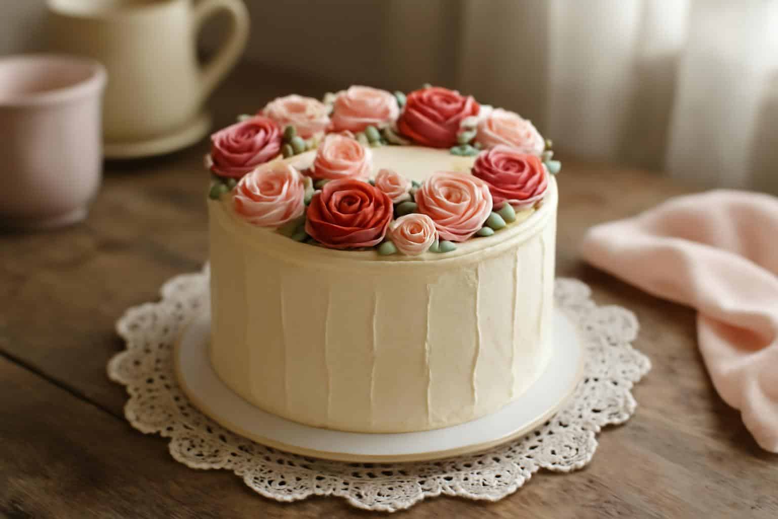 6-inch buttercream rose cake with vintage design decorated with pink and red roses