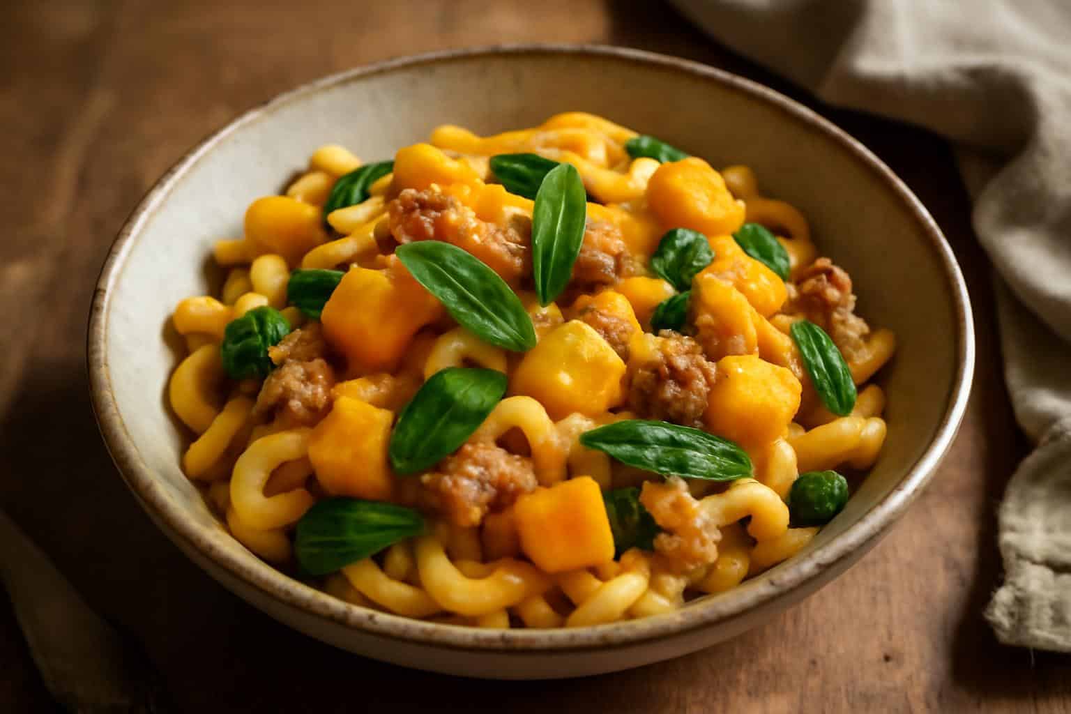 Butternut squash pasta with sausage and spinach served in a rustic bowl, garnished with fresh sage