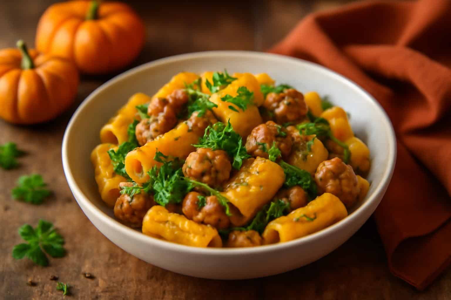 Butternut squash pasta with sausage and spinach in a rustic bowl, garnished with parsley and black pepper