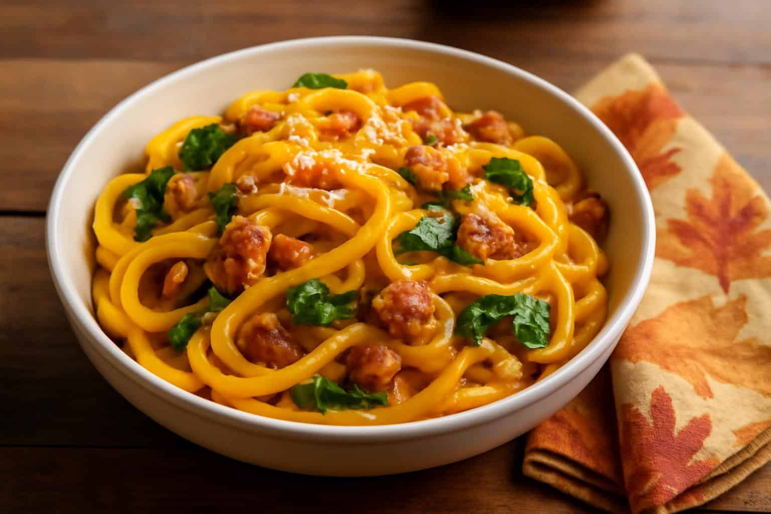 Butternut squash pasta with sausage and spinach in a rustic bowl, showcasing the vibrant colors and cozy fall ingredient