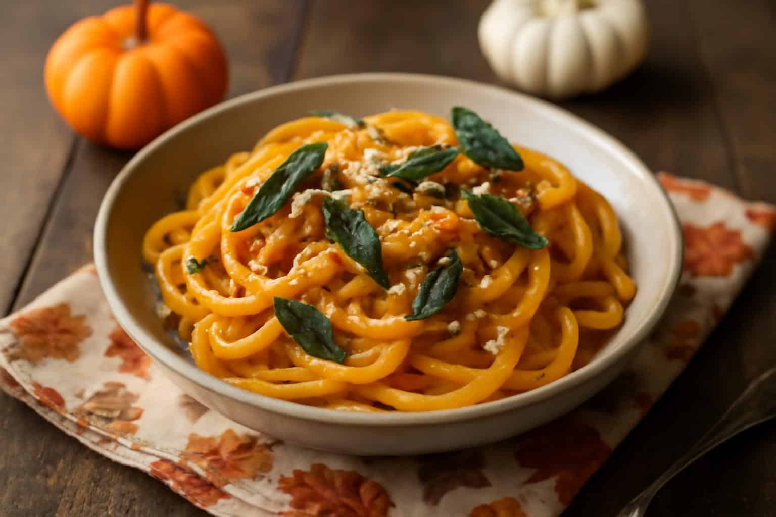 Butternut squash pasta with fresh sage and toasted walnuts on a rustic plate