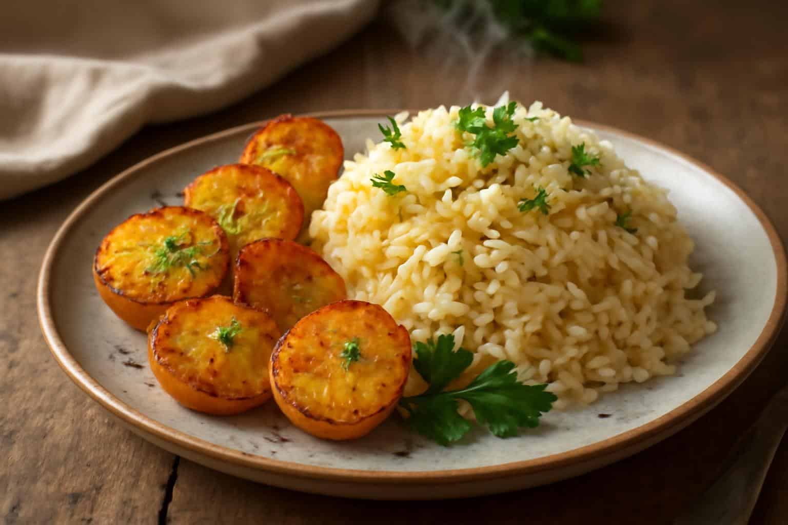 Buttery onion rice with savory potato delights served on a rustic plate with fresh garnishes