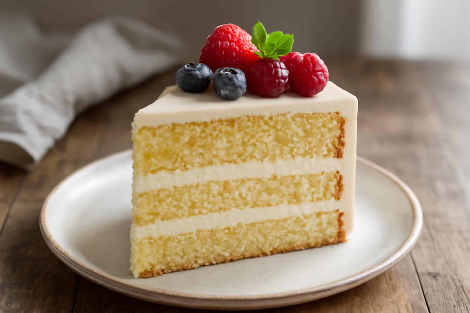 Moist cake love letter slice with cream and fresh berries on ceramic plate