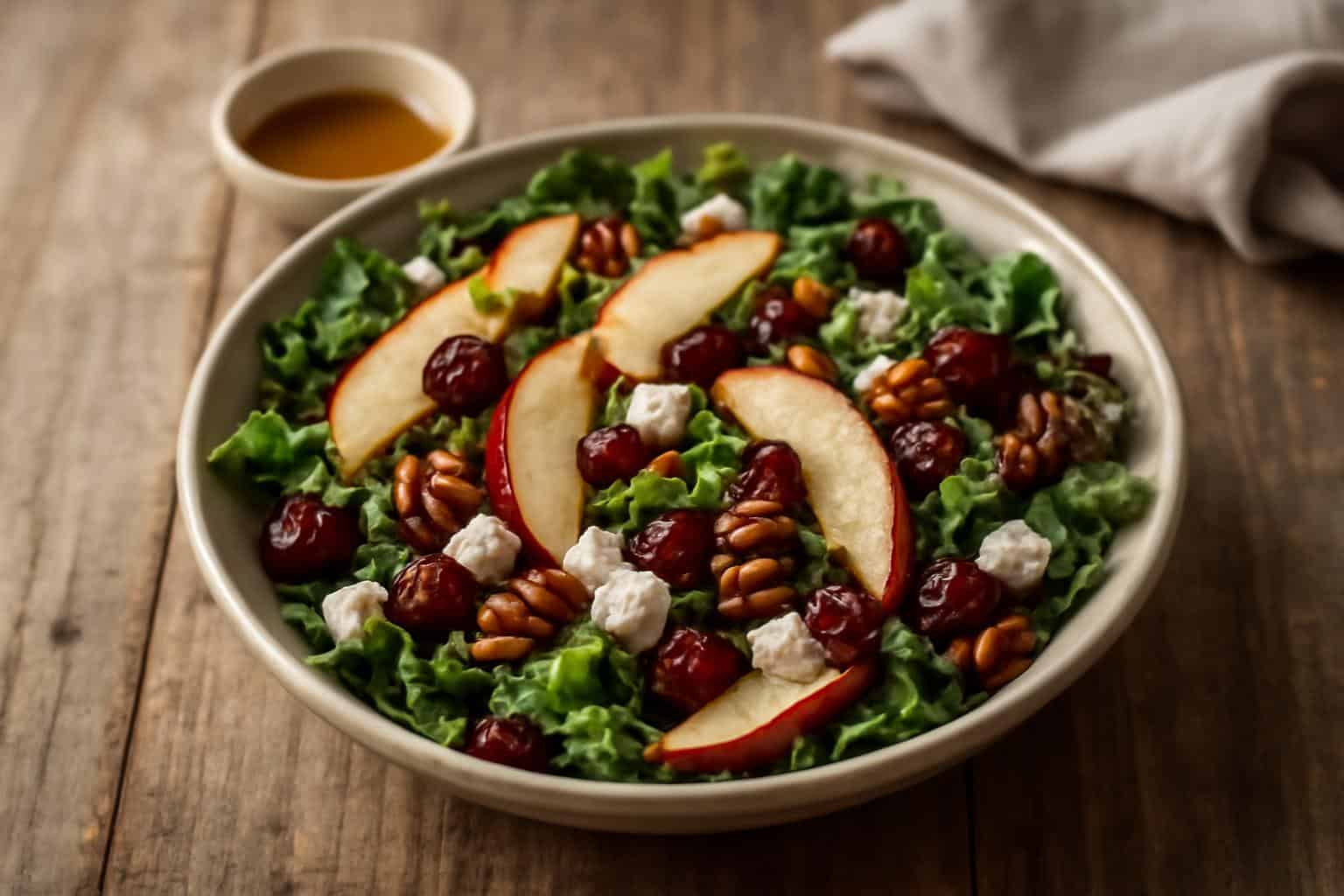 Fresh Cape Cod salad with greens, apples, cranberries, pecans, and goat cheese, dressed and ready to serve