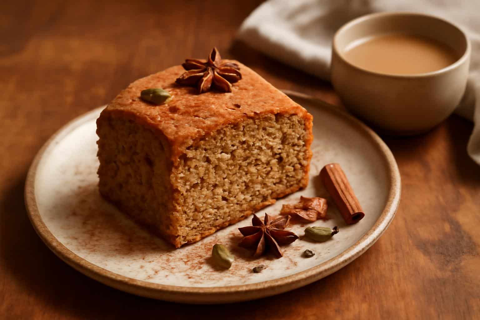 Moist chai cake slice garnished with cinnamon and chai spices, showcasing chai cake texture