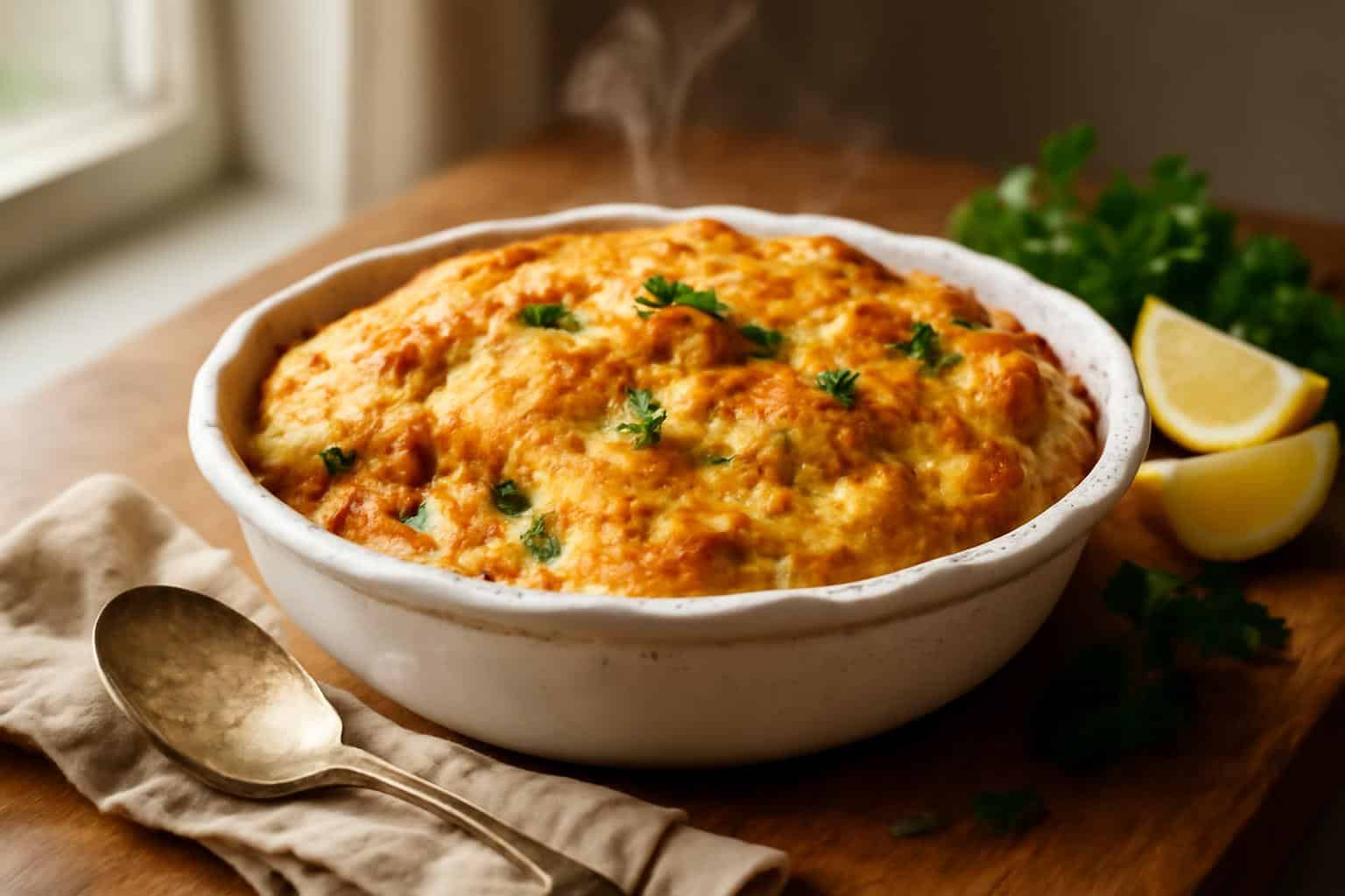 Cheddar bay biscuit seafood pot pie fresh out of the oven with golden biscuit topping and parsley garnish