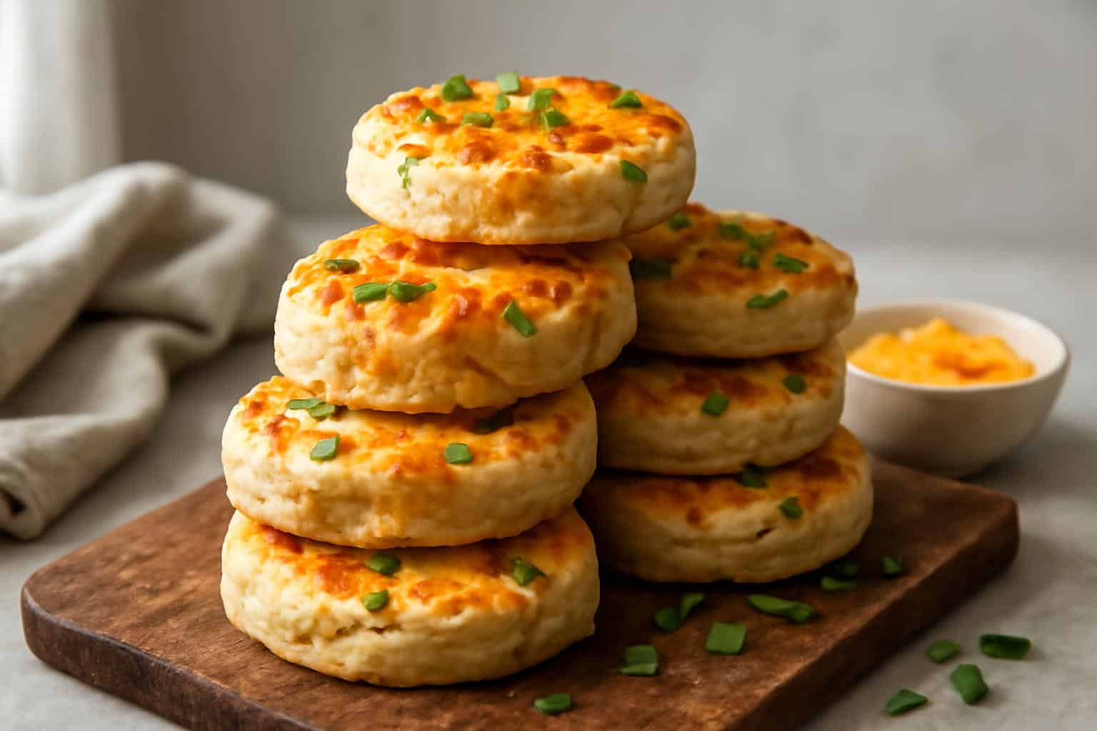 Stack of cheddar scallion English muffins with golden crust and fresh scallion garnish