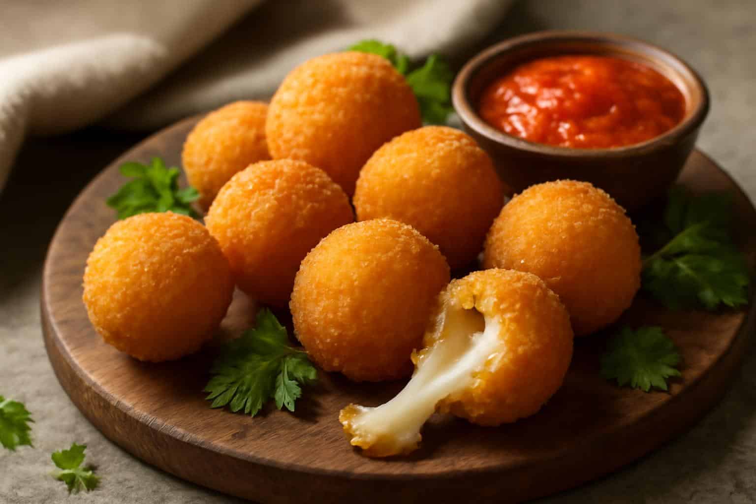 Golden crispy cheese filled fried cheese balls garnished with parsley and marinara sauce