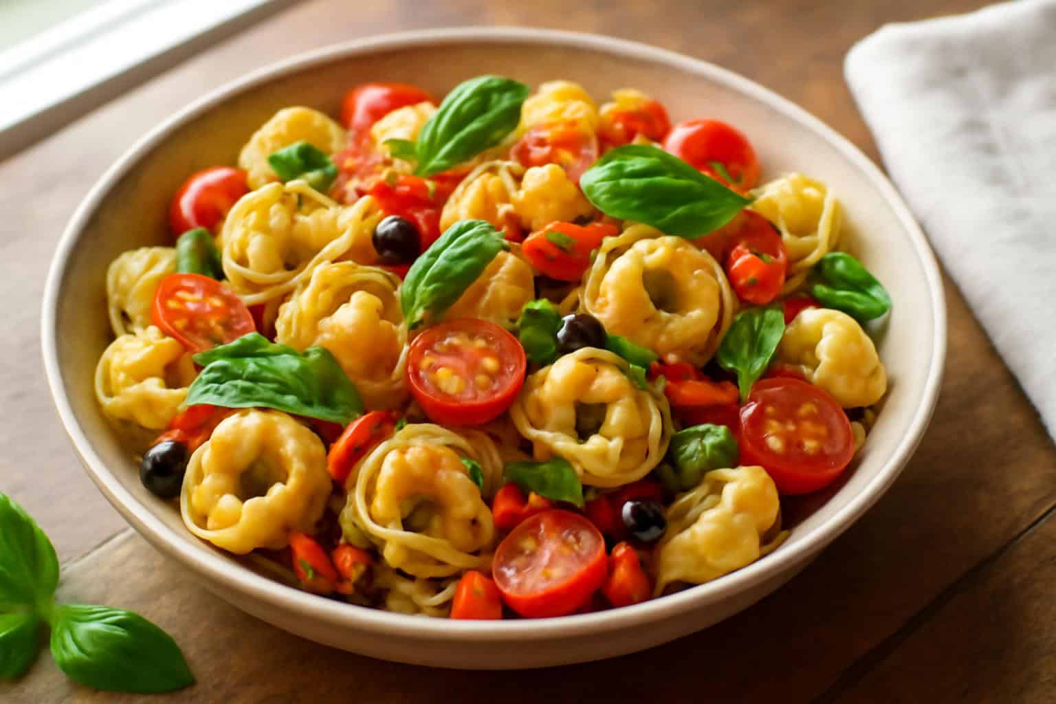 Cheese tortellini pasta salad with zesty Italian dressing garnished with basil and cherry tomatoes