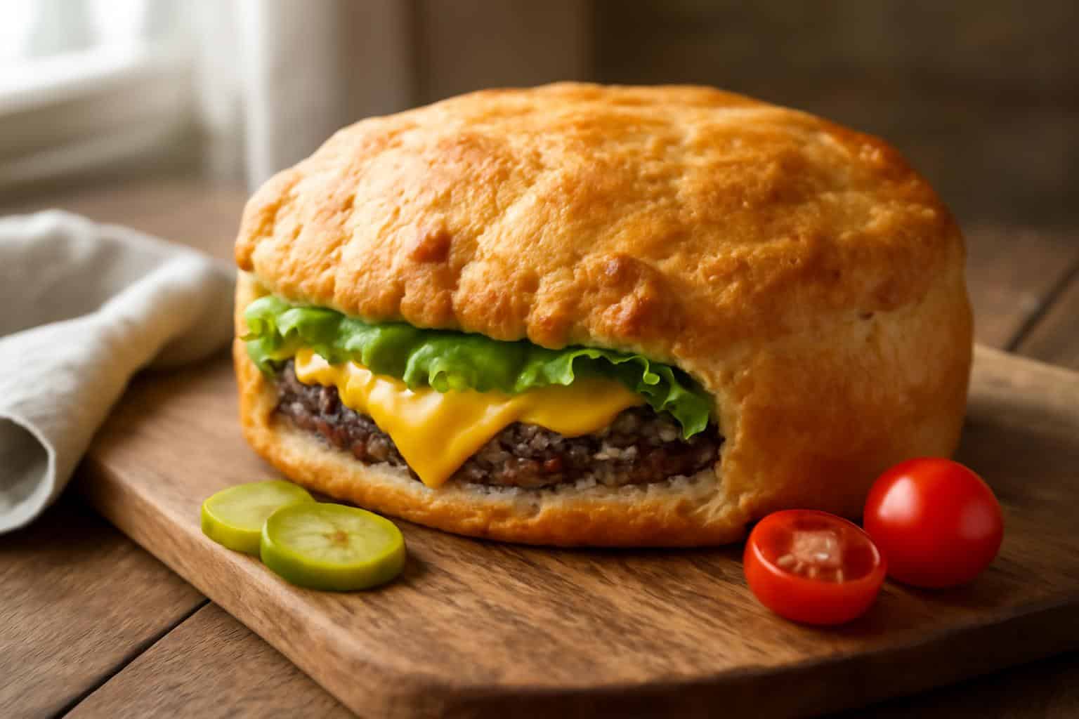 Delicious cheeseburger torte with melted cheddar and fresh lettuce garnished with pickles