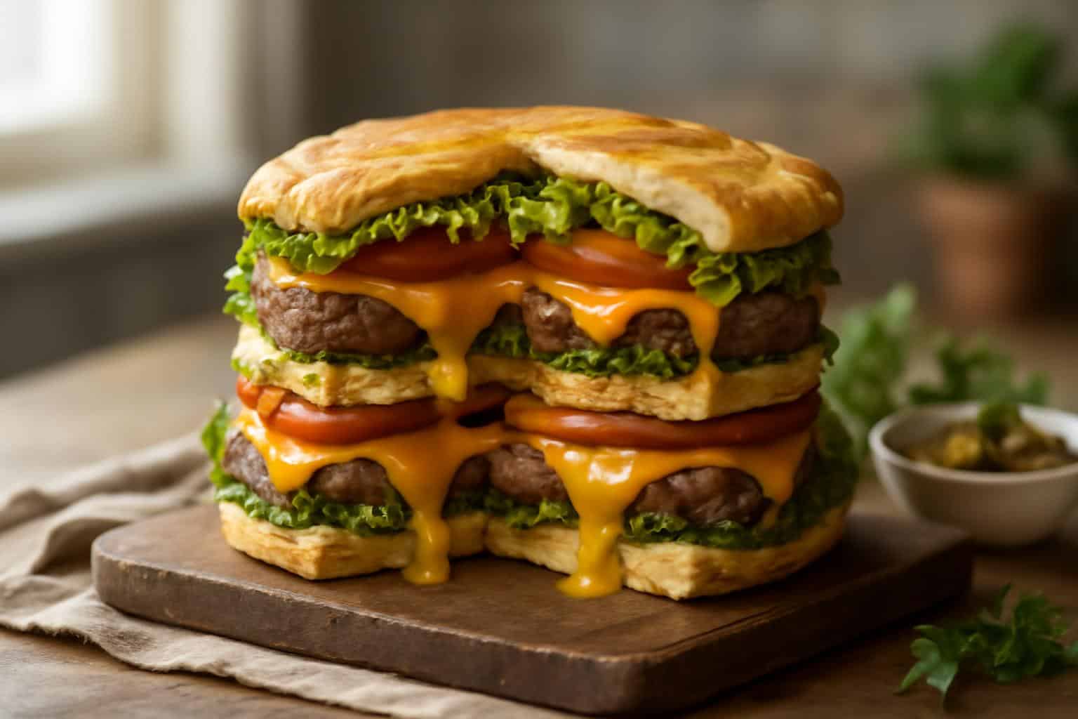 Layered cheeseburger-torte with melted cheddar and fresh toppings on rustic board