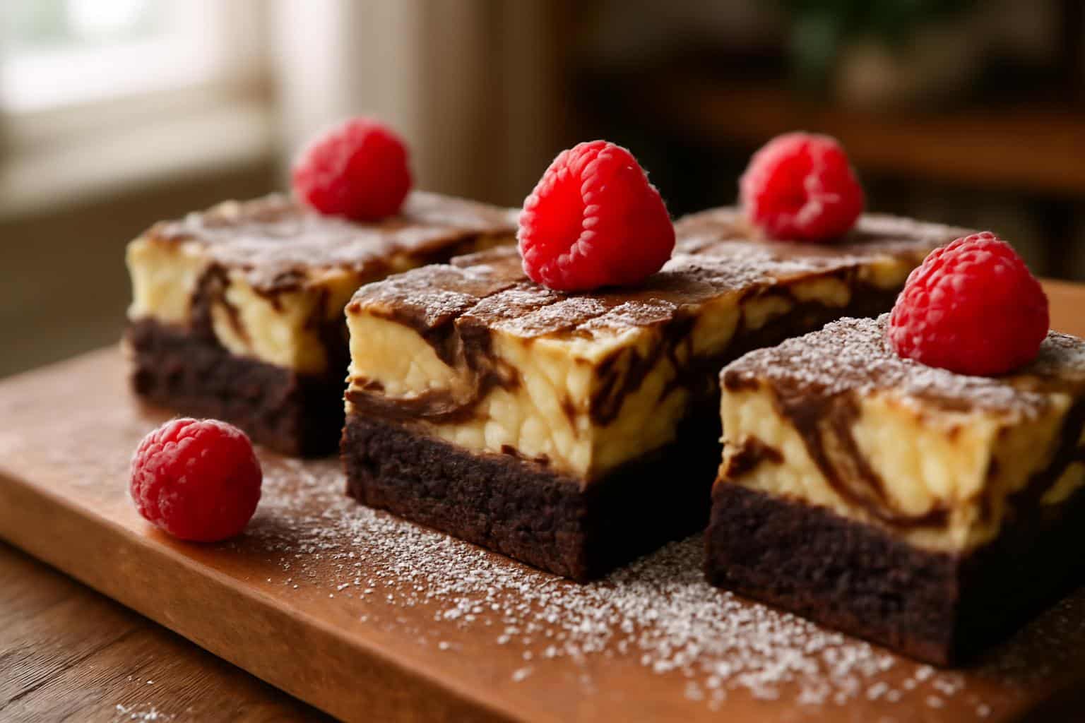 Close-up of creamy cheesecake brownies with chocolate base and powdered sugar, showcasing cheesecake brownies dessert