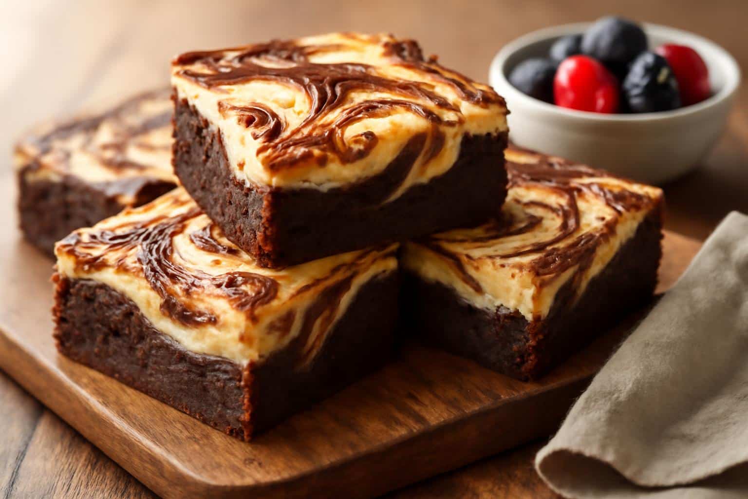 Close-up of rich cheesecake brownies with marbled cream cheese swirls on rustic wooden board