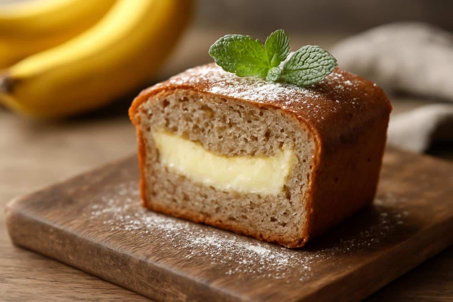 A slice of cheesecake stuffed banana bread with creamy filling, powdered sugar, and mint garnish
