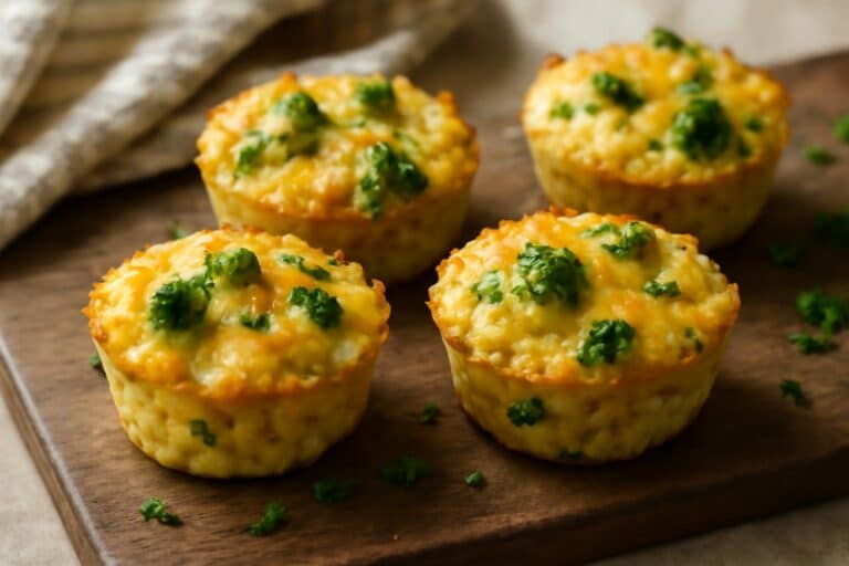 Baked cheesy broccoli rice cups with melted cheese and fresh green broccoli on wooden board
