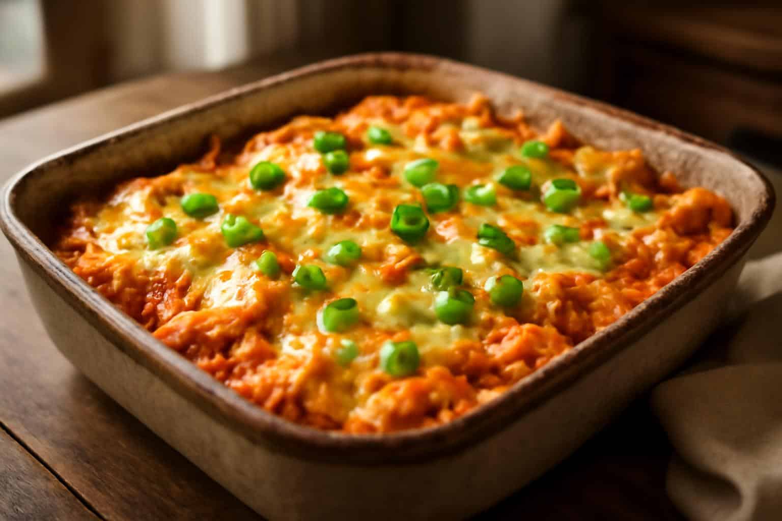 Cheesy buffalo chicken bake with melted cheese and spicy buffalo sauce garnished with green onions
