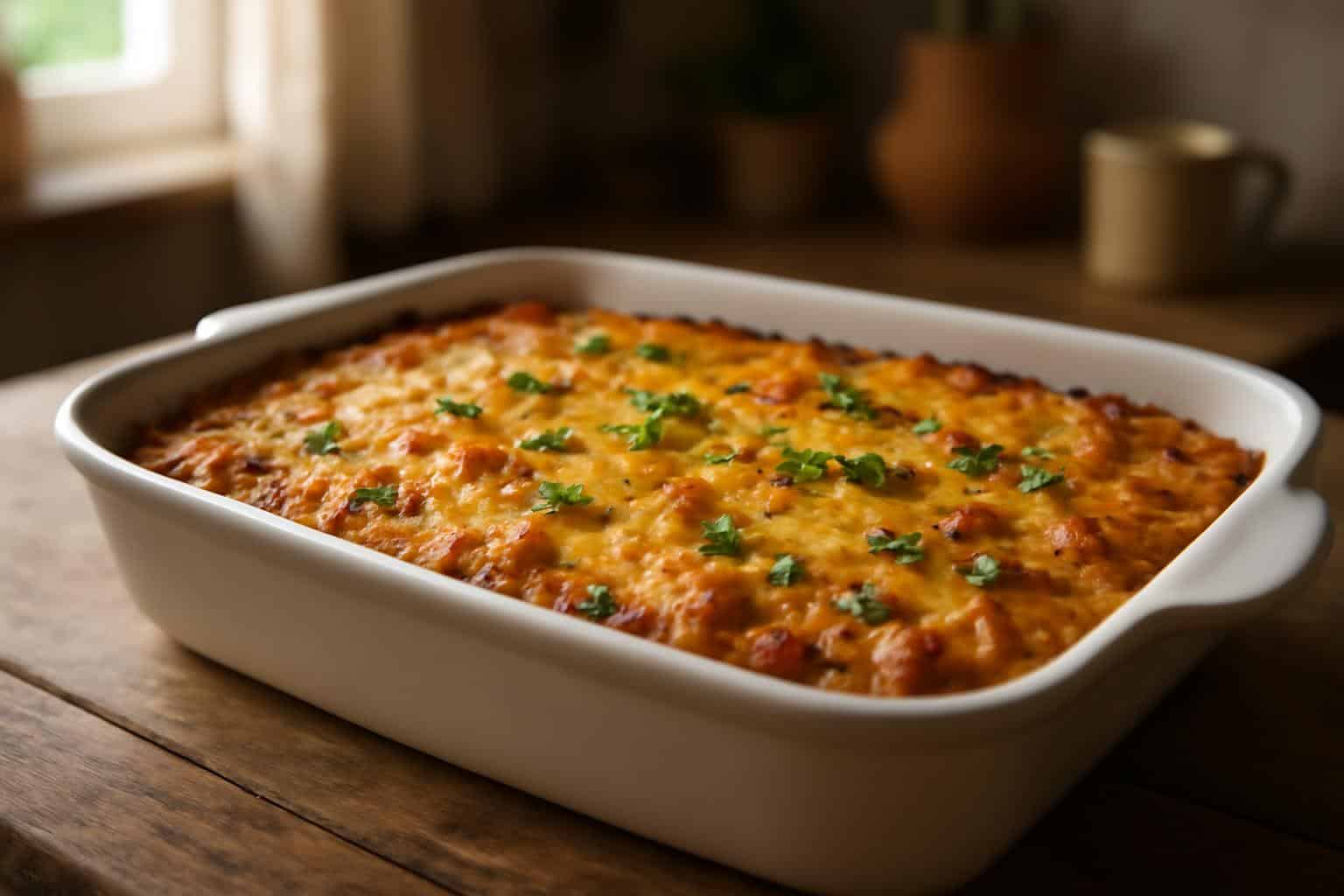Golden bubbly cheesy crack casserole with fresh parsley garnish on wooden table in natural light