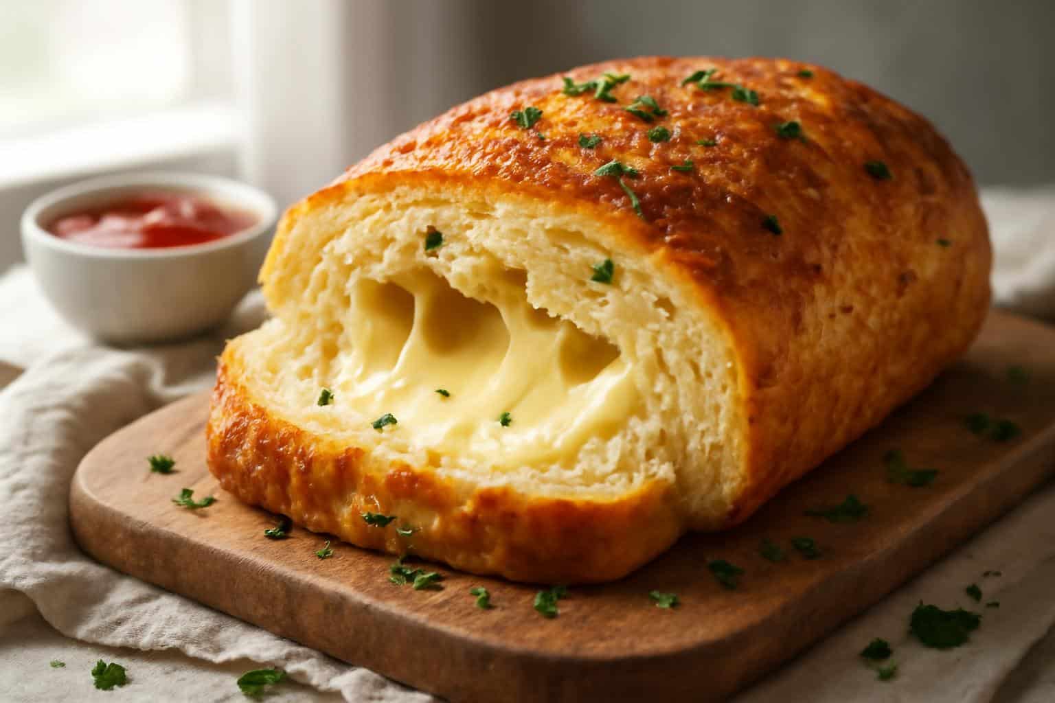 Freshly baked golden cheese bread sliced showing melted cheese inside